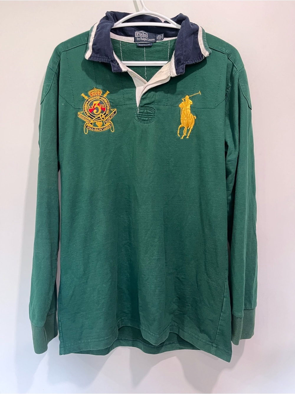 Vintage Polo by Ralph Lauren Men's Green Long-Sleeve Rugby Shirt with Big Pony